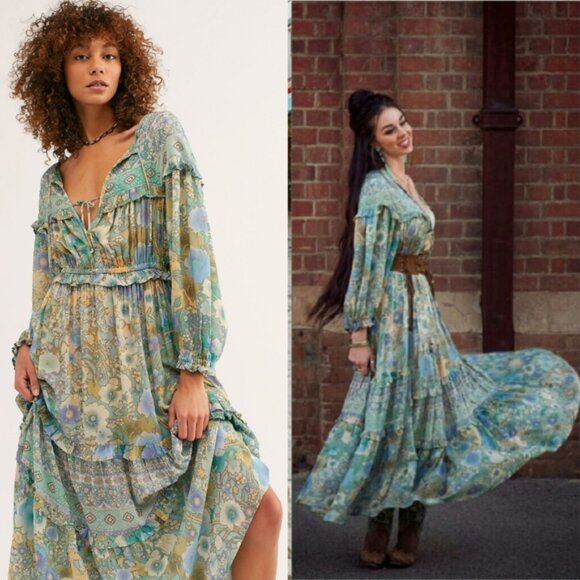 Spell & the Gypsy Free People Amethyst Maxi Boho Gown Turquoise Boho Dress XS - Picture 2 of 16